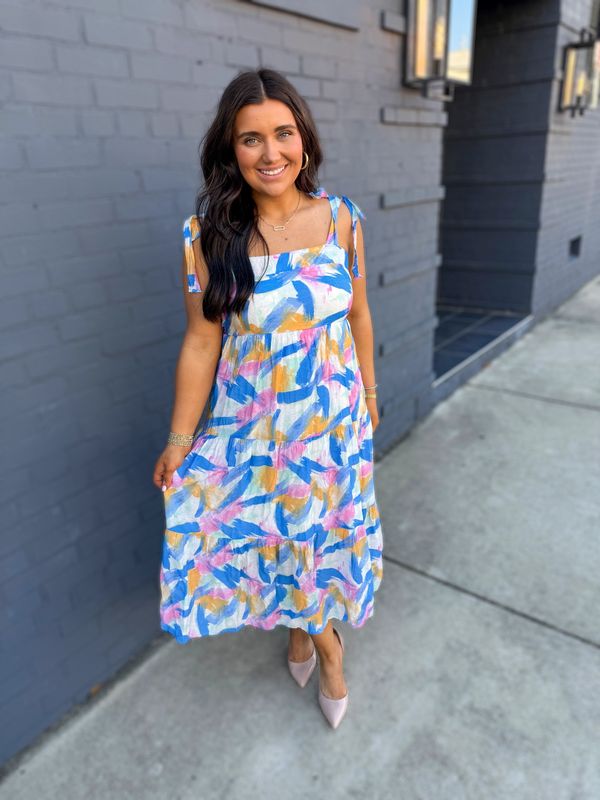 Blue Multi Brushstroke Midi Dress