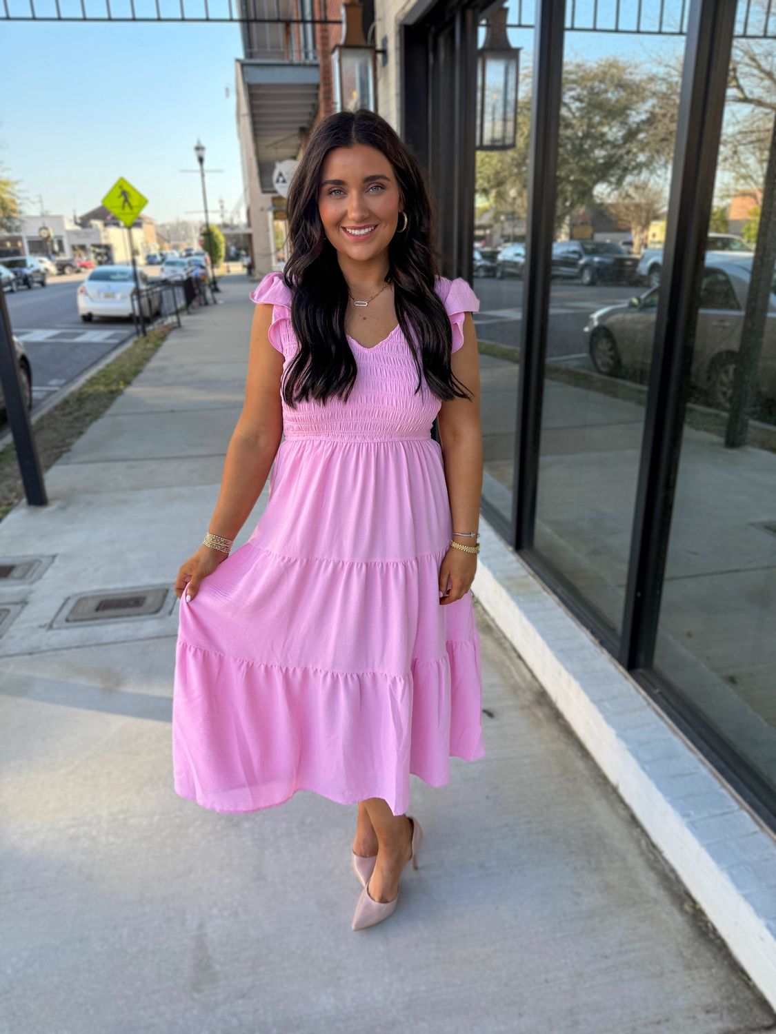 Pink Flutter Sleeve Maxi Dress