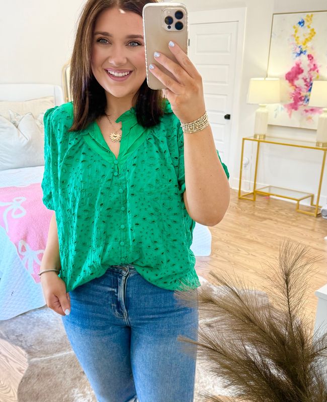 Green Eyelet Puff Sleeve Top
