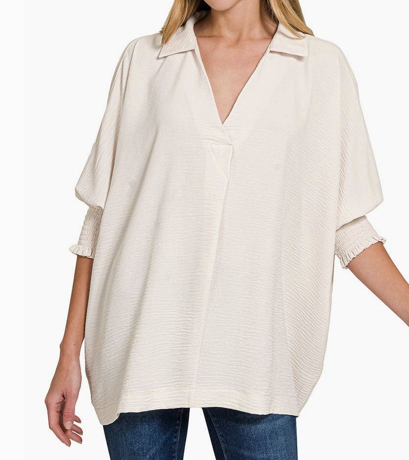 Sand Beige Smocked Sleeve Top