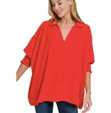 Red Smocked Sleeve Top