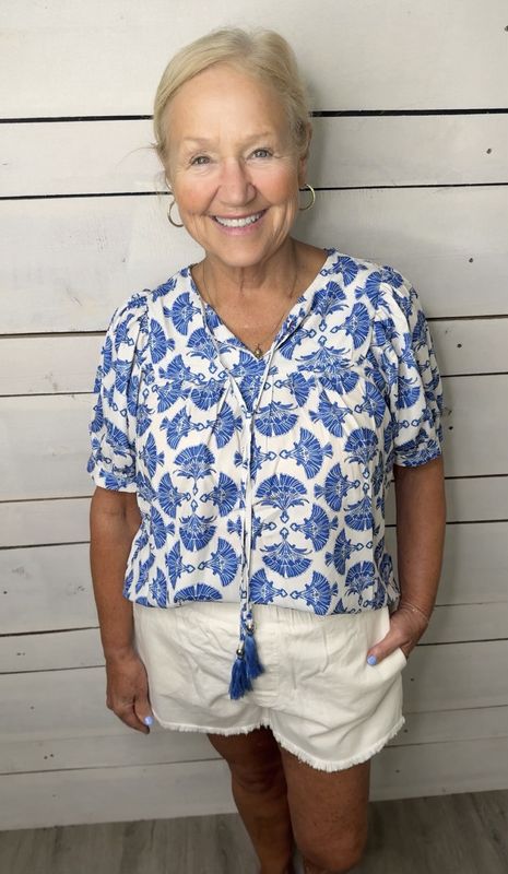 Blue Printed Puff Sleeve Top