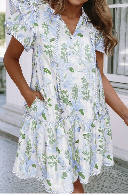 Blue Floral Ruffle Dress