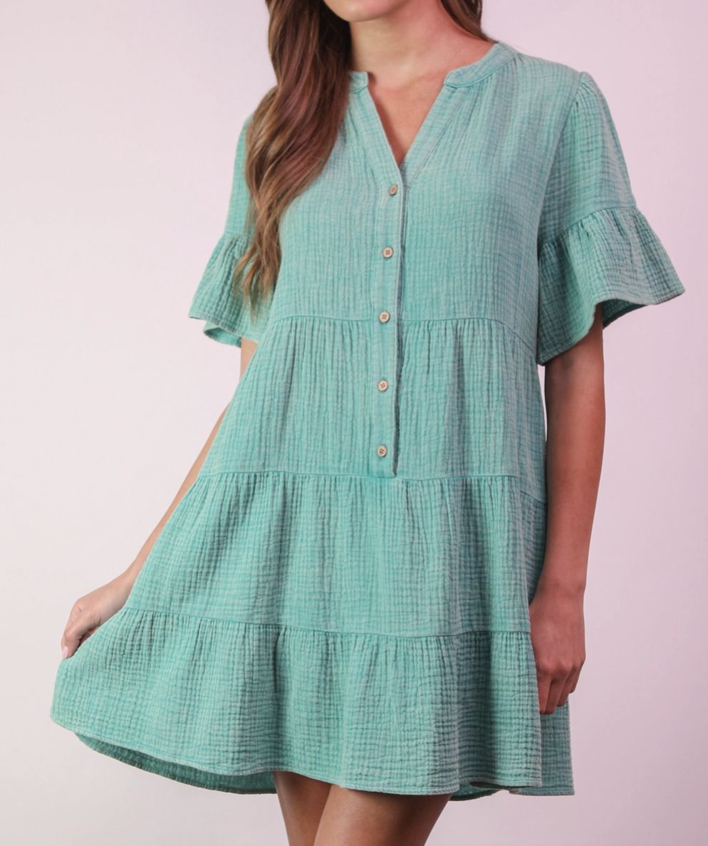 Jade Mineral Washed Bell Sleeve  Dress
