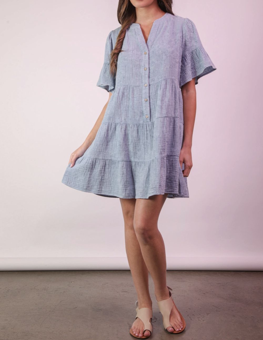 Blue Mineral Washed Bell Sleeve Dress