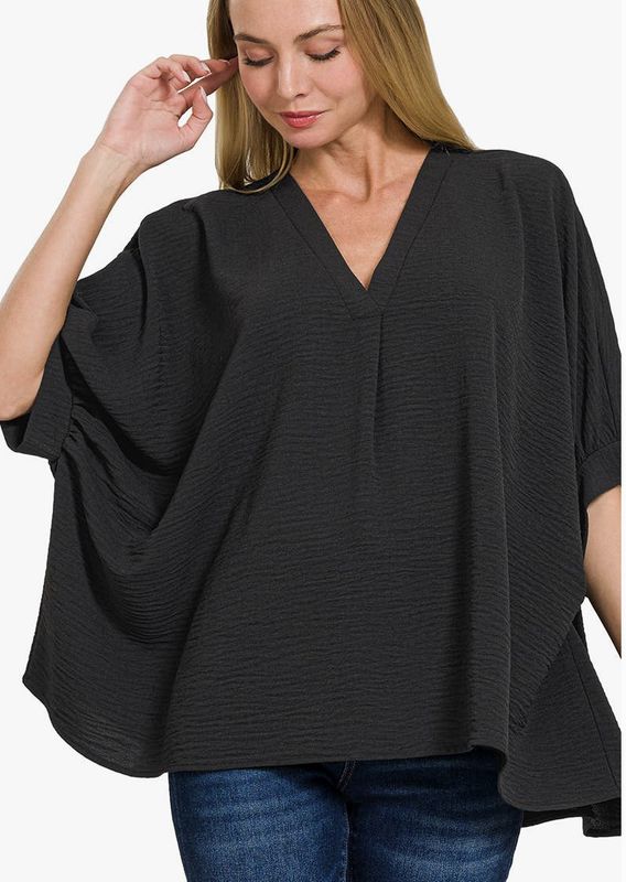 Black V-Neck Cuffed Flowy Top