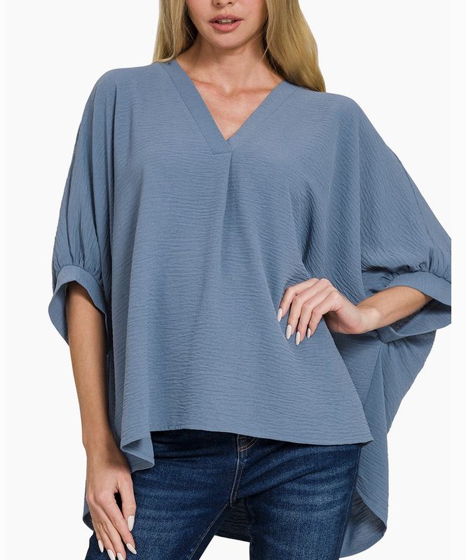 Cobalt V-Neck Cuffed Flowy Top