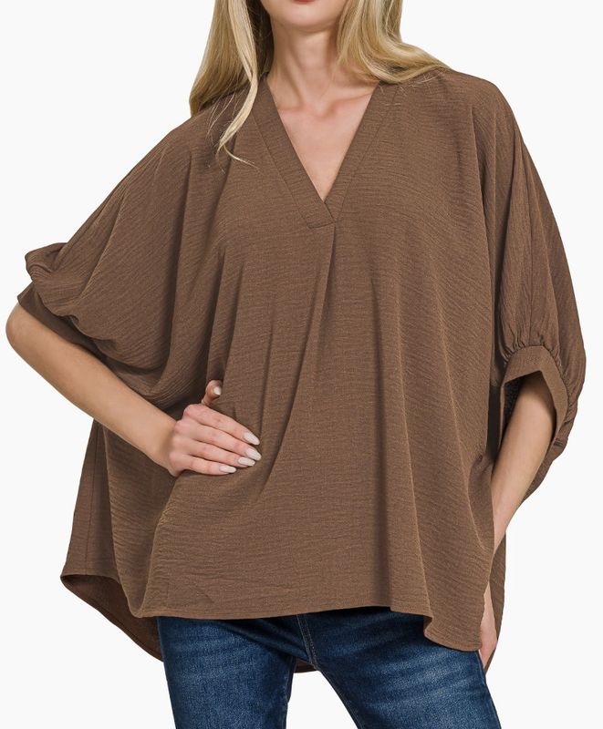 Brown V-Neck Cuffed Flowy Top