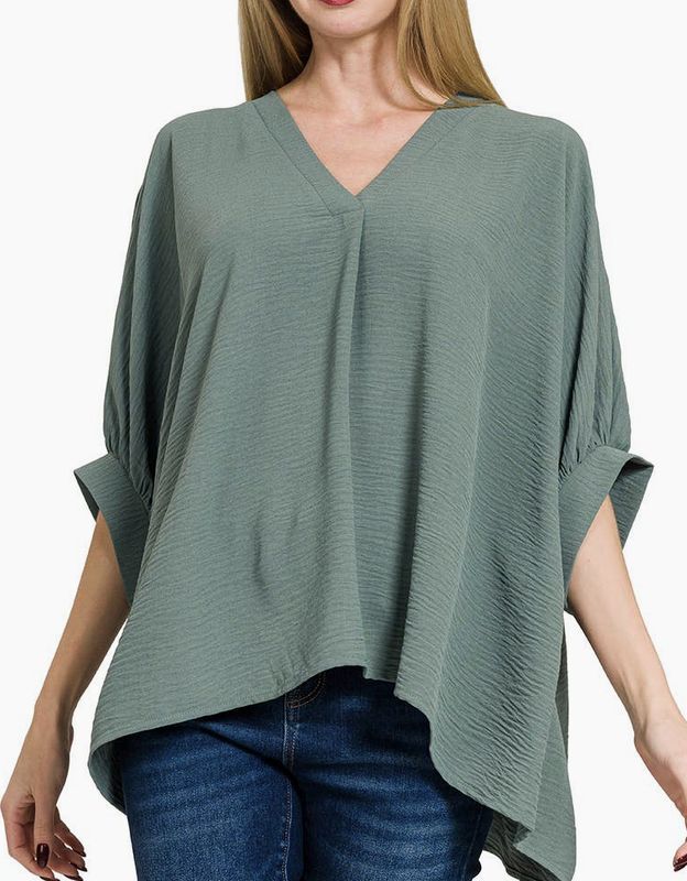 Jade V-Neck Cuffed Flowy Top