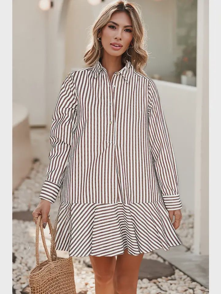 Ldc Stripe Ruffled Hem Collared Long Sleeve Shirt Dress