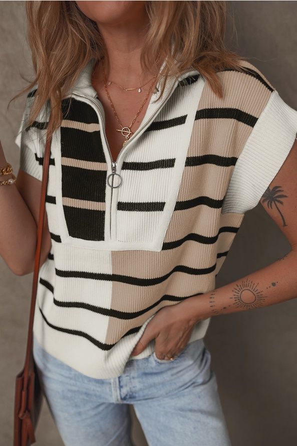 Stripe Colorblock Quarter Zip Collar Sweater Vest