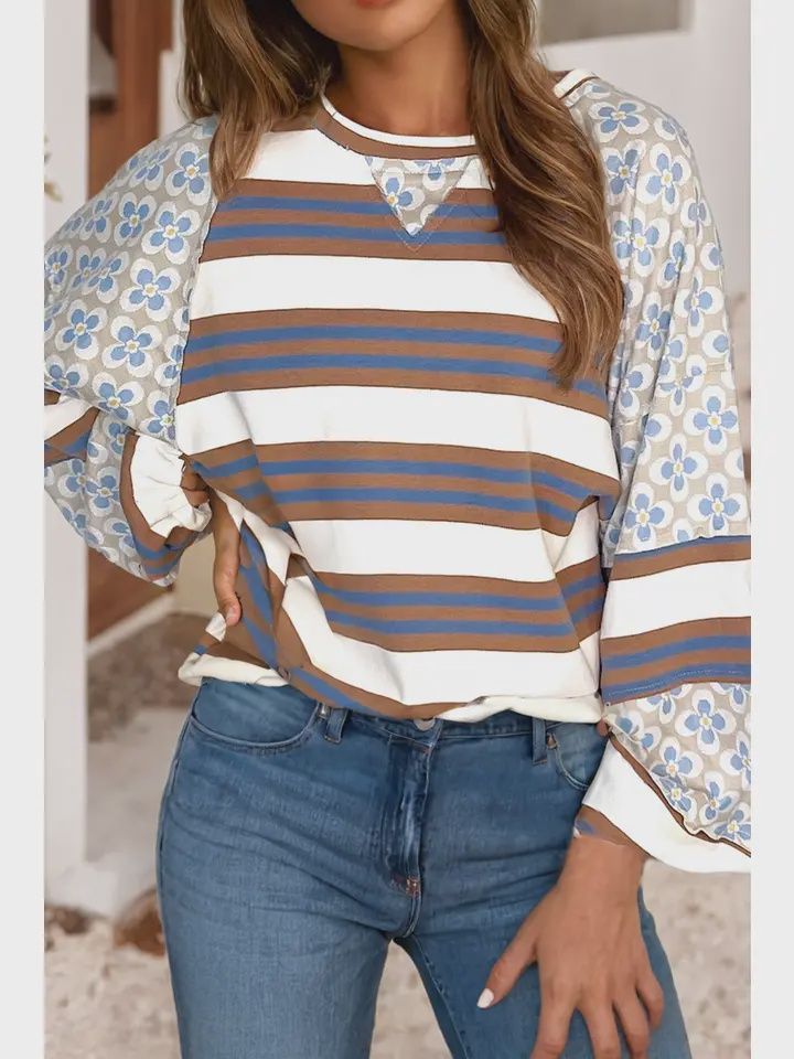 Striped Floral Printed Patchwork Long Puff Sleeve Top