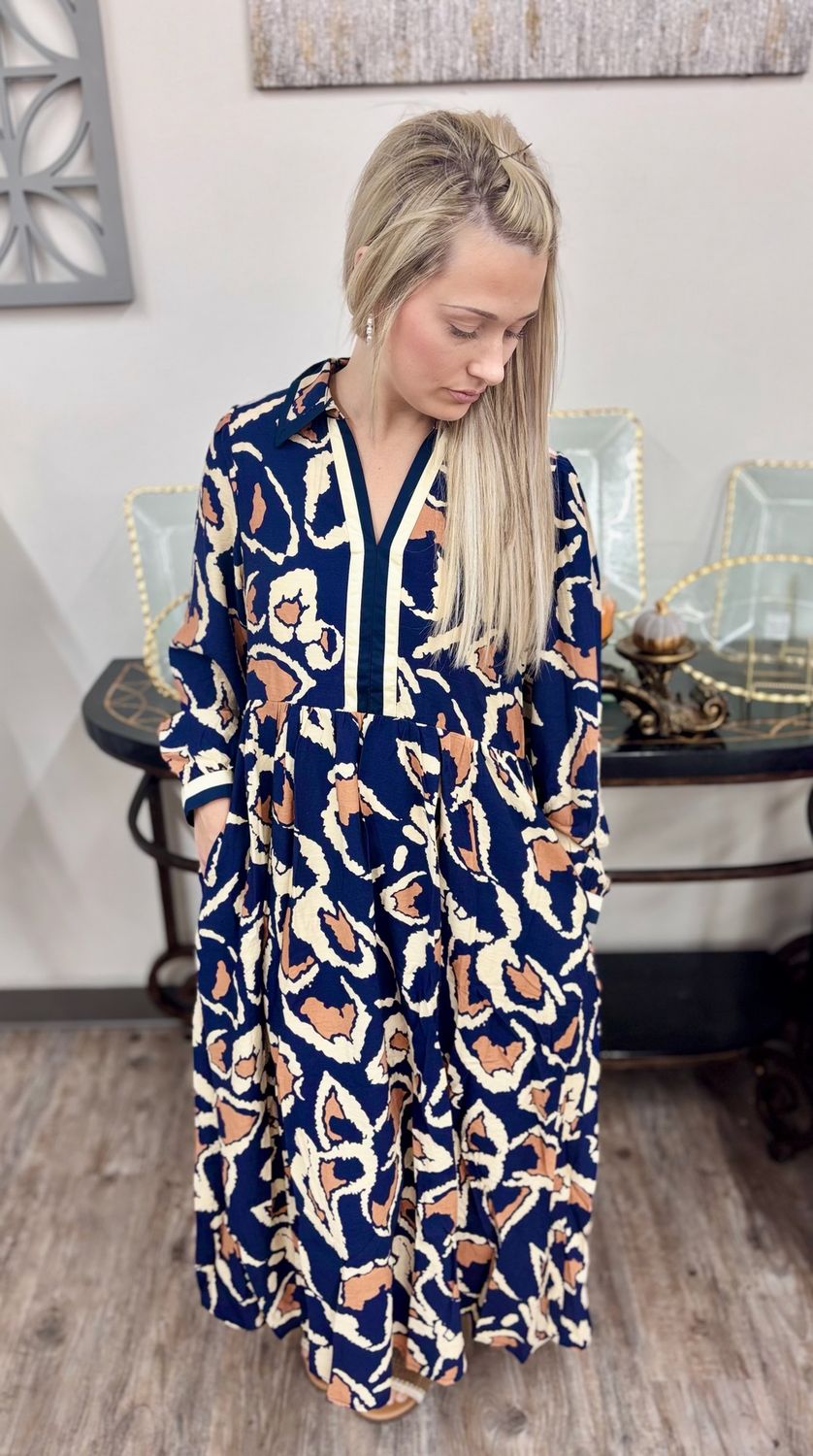 lONG NAVY AND TAUPE JODIFL DRESS