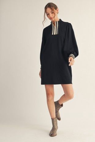Stripe Contrast Detail Zip Up Casual Dress