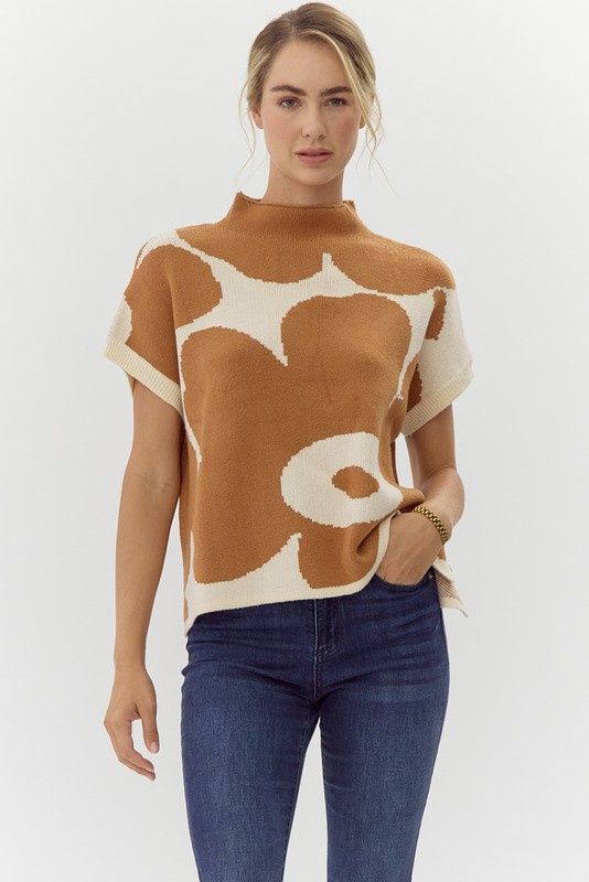 Big Flower Print Knit Dolman Sleeves Top