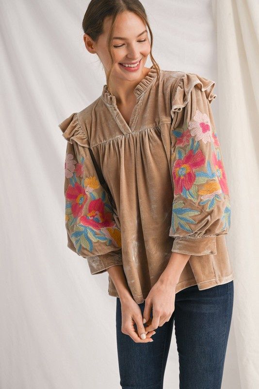 Embroidery Accent Velvet Top