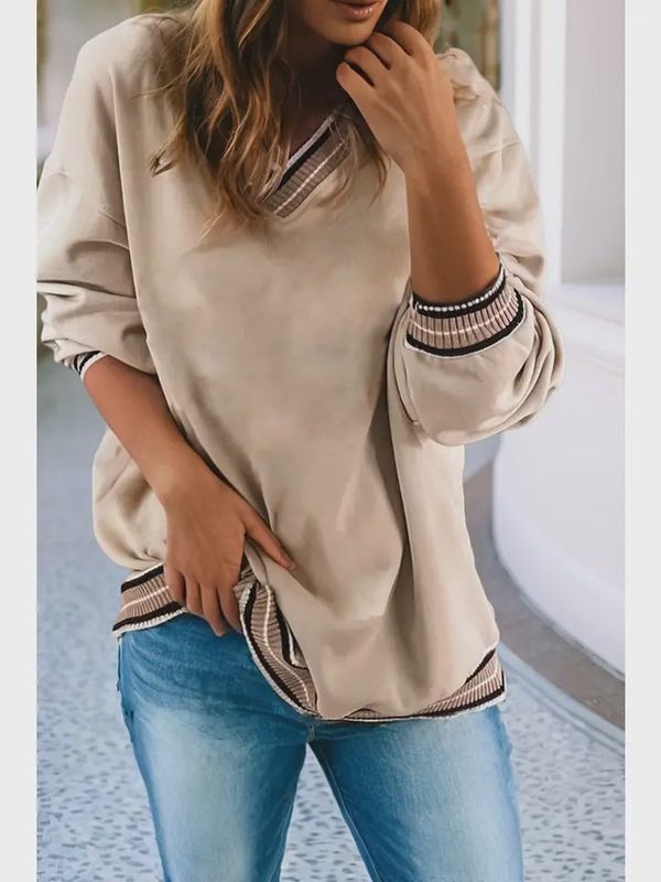 Varsity Contrast Trim V Neck Sweatshirt