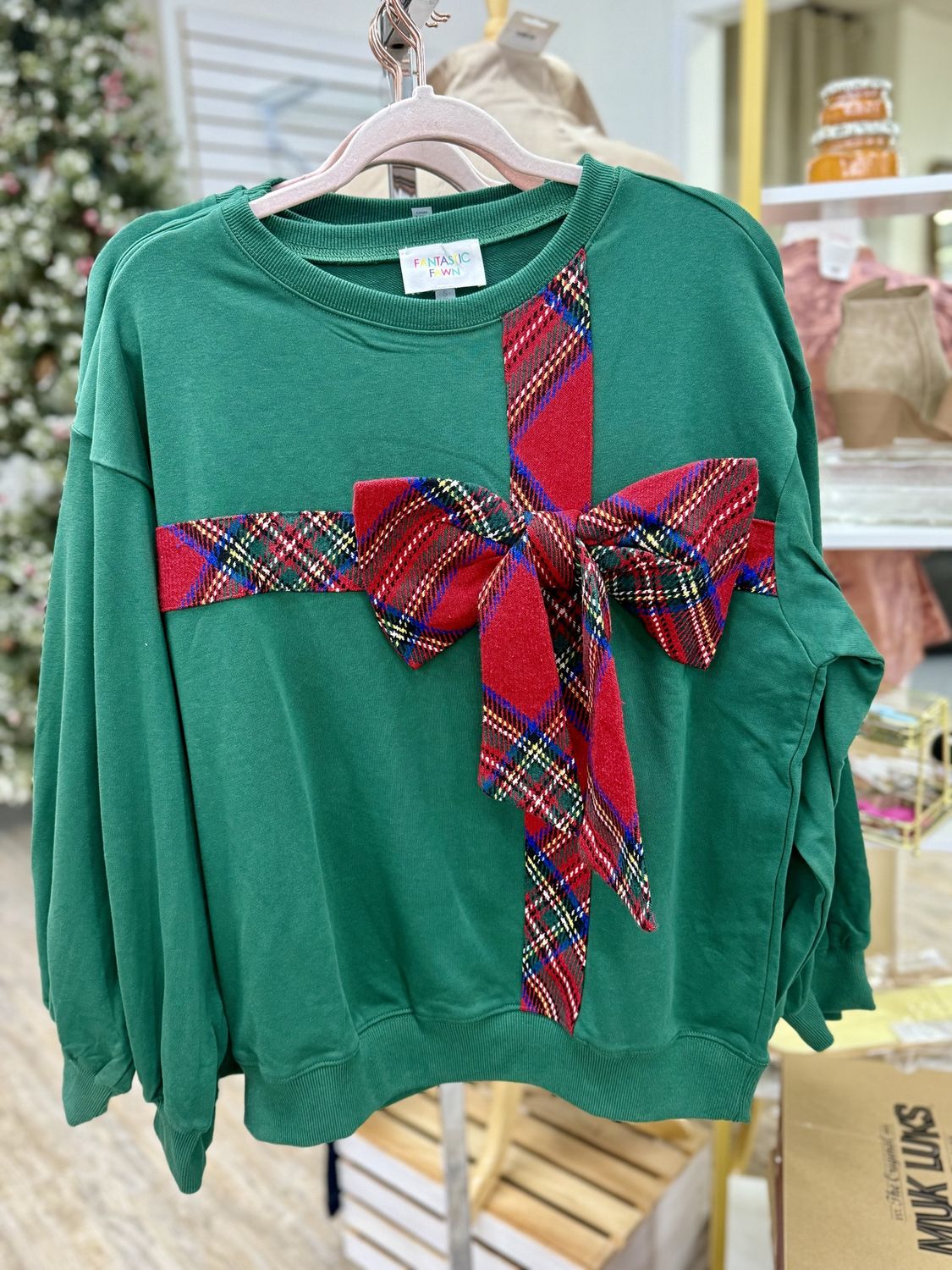 Green plaid bow sweatshirt top