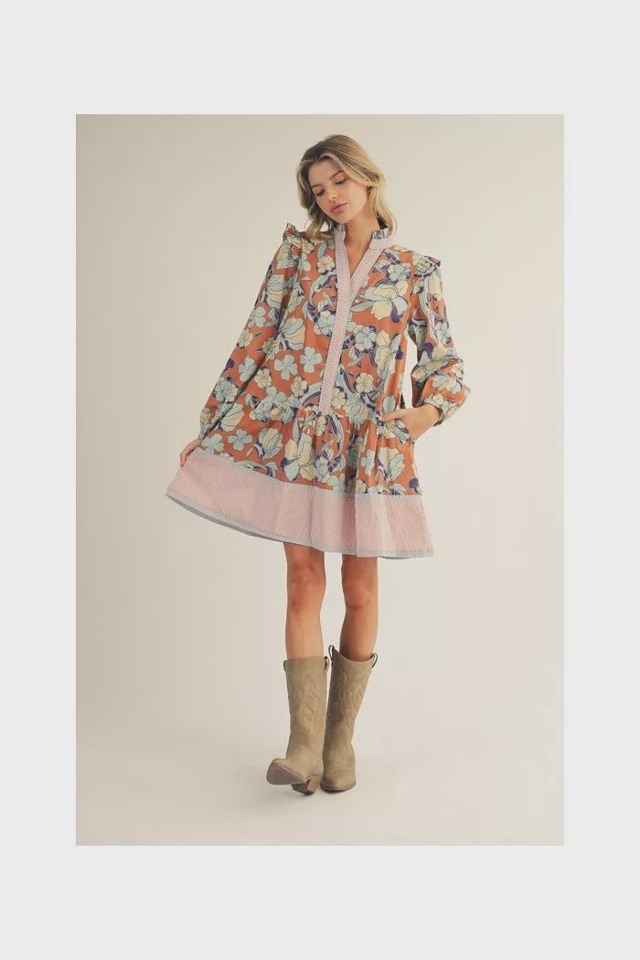 CARAMEL MIX STRIPE AND FLORAL CONTRAST DRESS