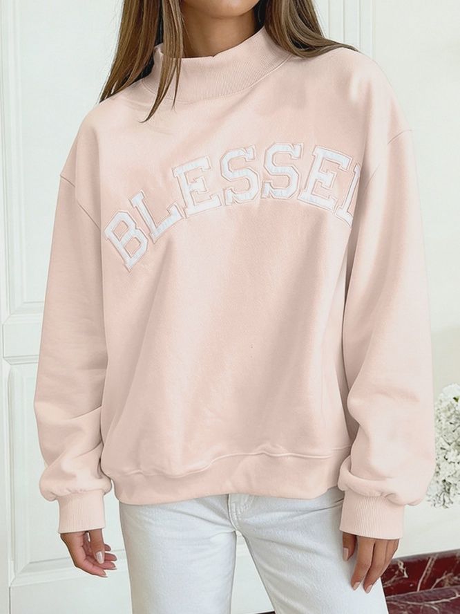 Valentine Trim Chenille Heart Patched Mock Neck Sweatshirt