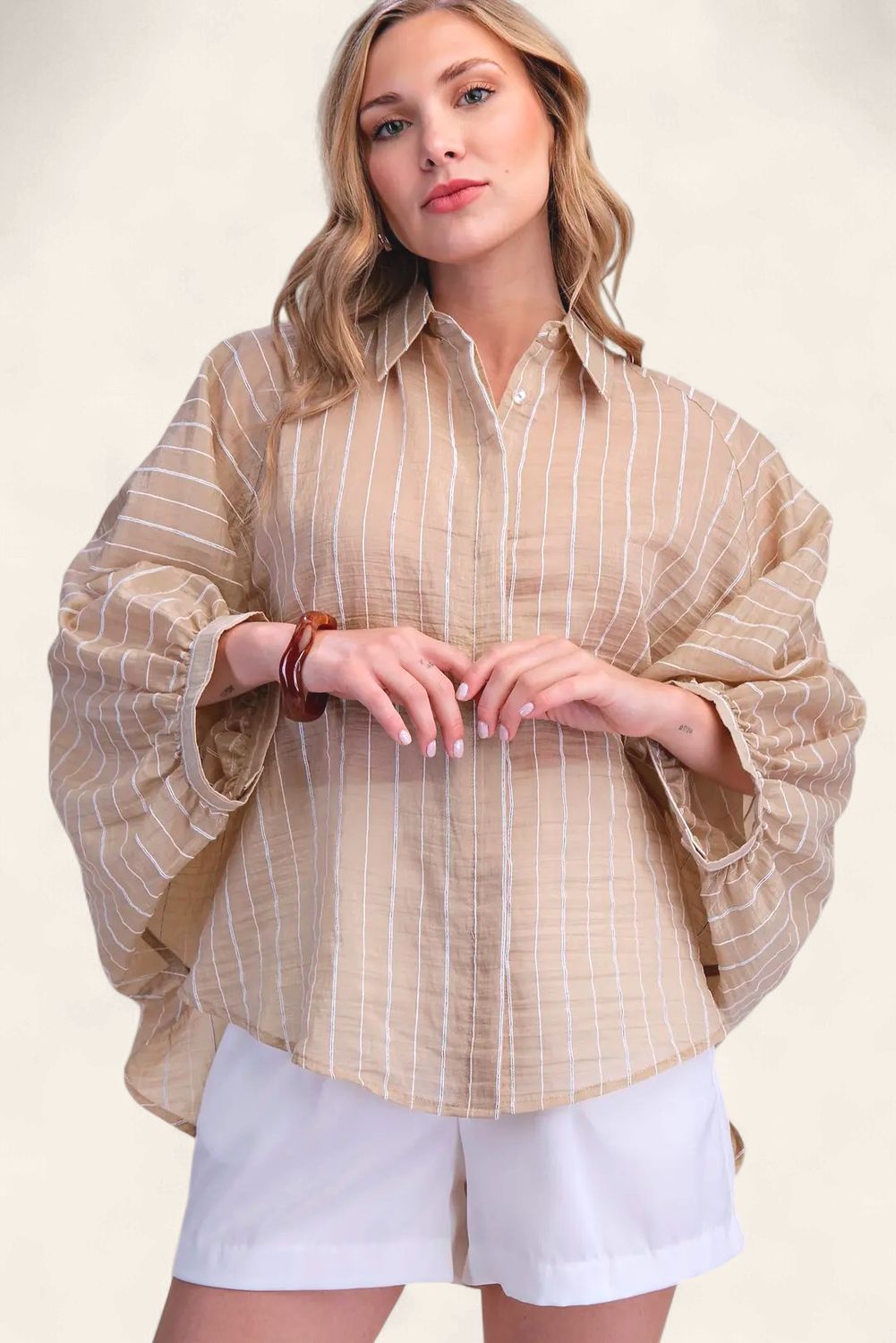 Stripe Linen Blend Button Front top