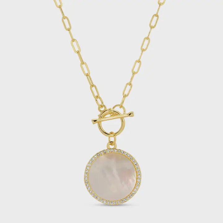 Mother of Pearl Pavé Circle Toggle Necklace
