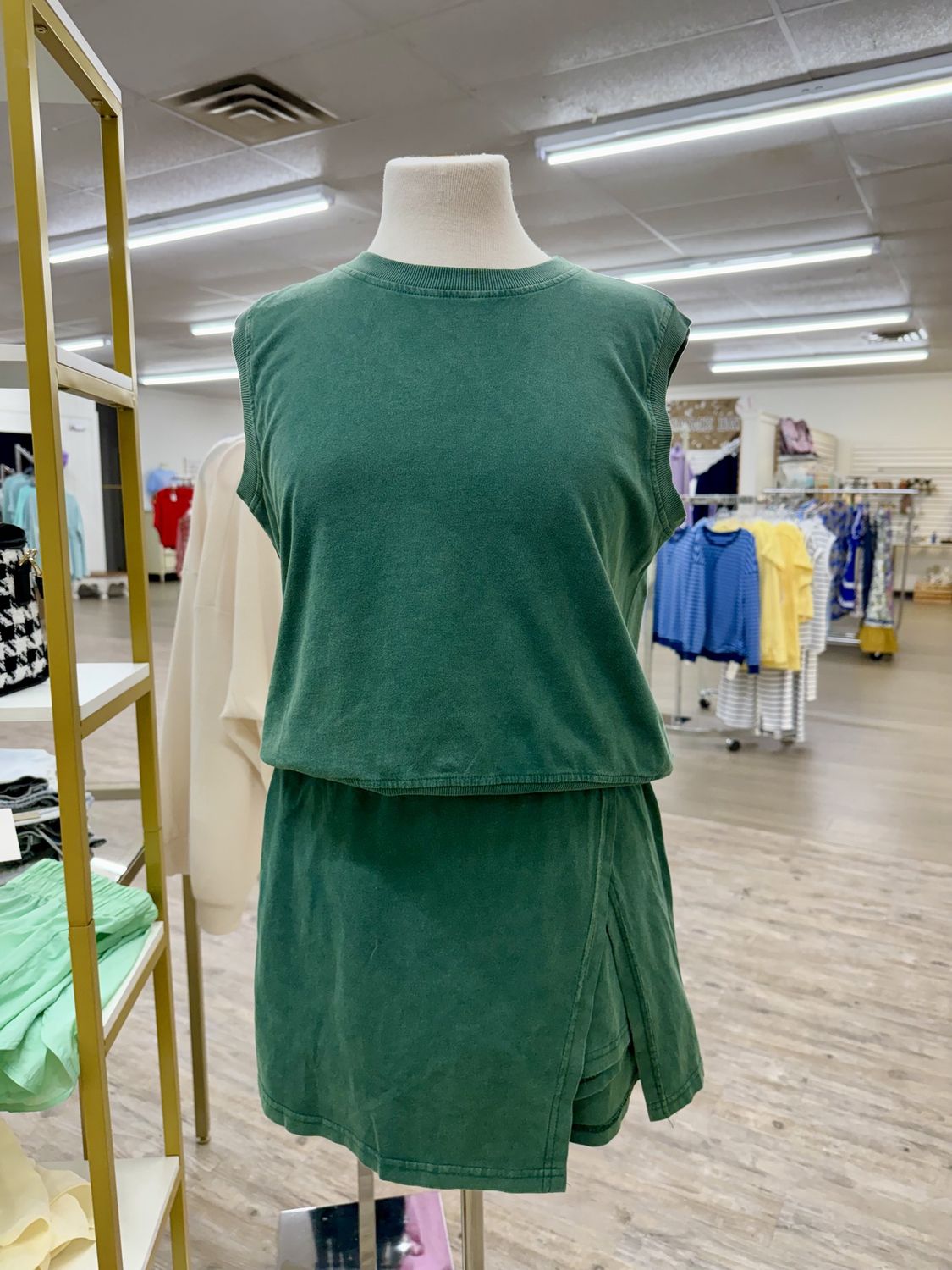 Dark Green Cotton Sleeveless Shirt &amp; Skort Set