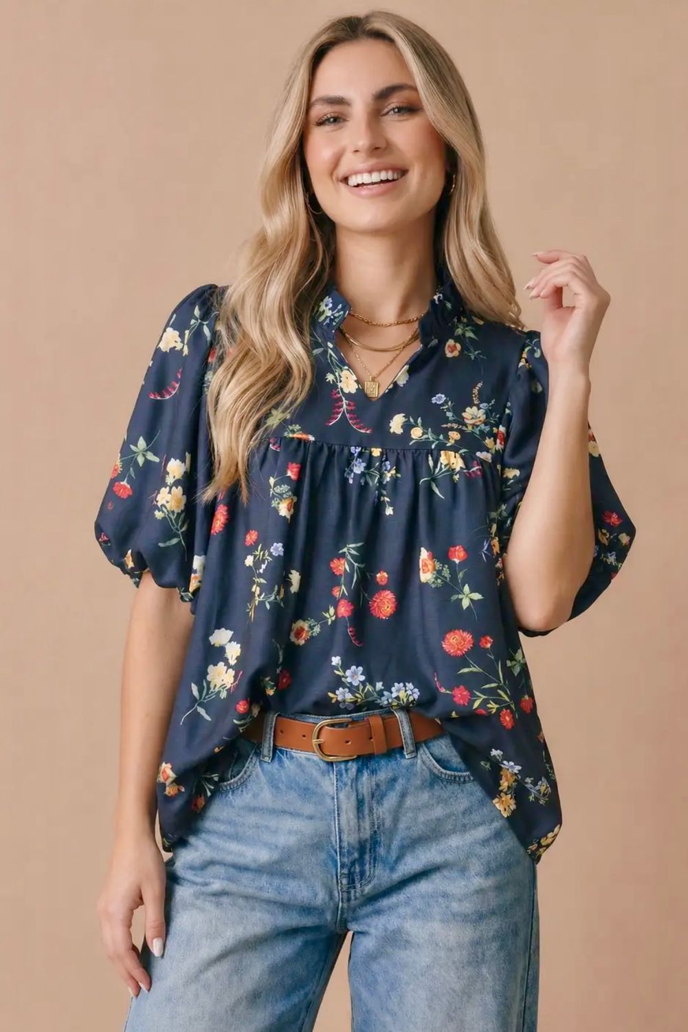 Ruffle Neck Floral Puff Sleeve Top, Size: Small