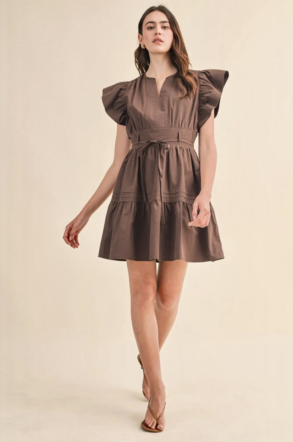 Brown Belted Pin Tuck Detail Dress, Size: Small