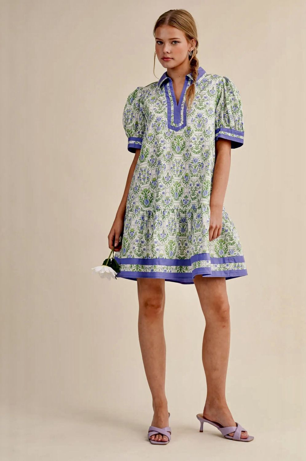 Lavender Floral Puff Sleeve Dress, Size: Small
