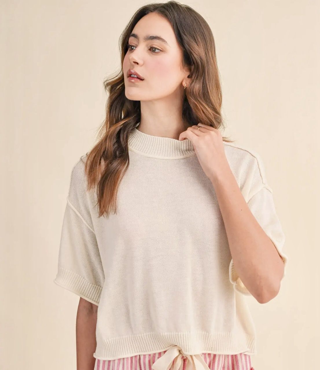 Cream Lightweight Mock Neck Top, Size: Small