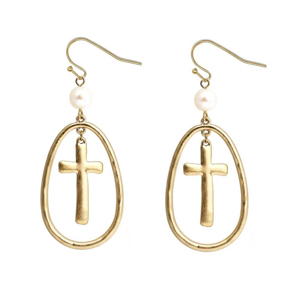 Gold Cross Nesred Pearl Drop Earrings