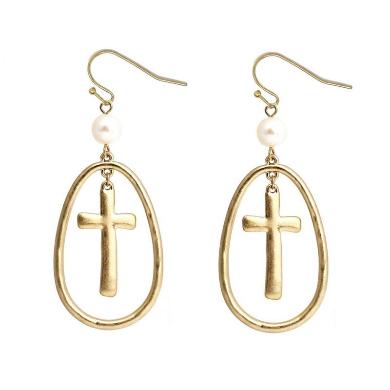 Gold Cross Nesred Pearl Drop Earrings
