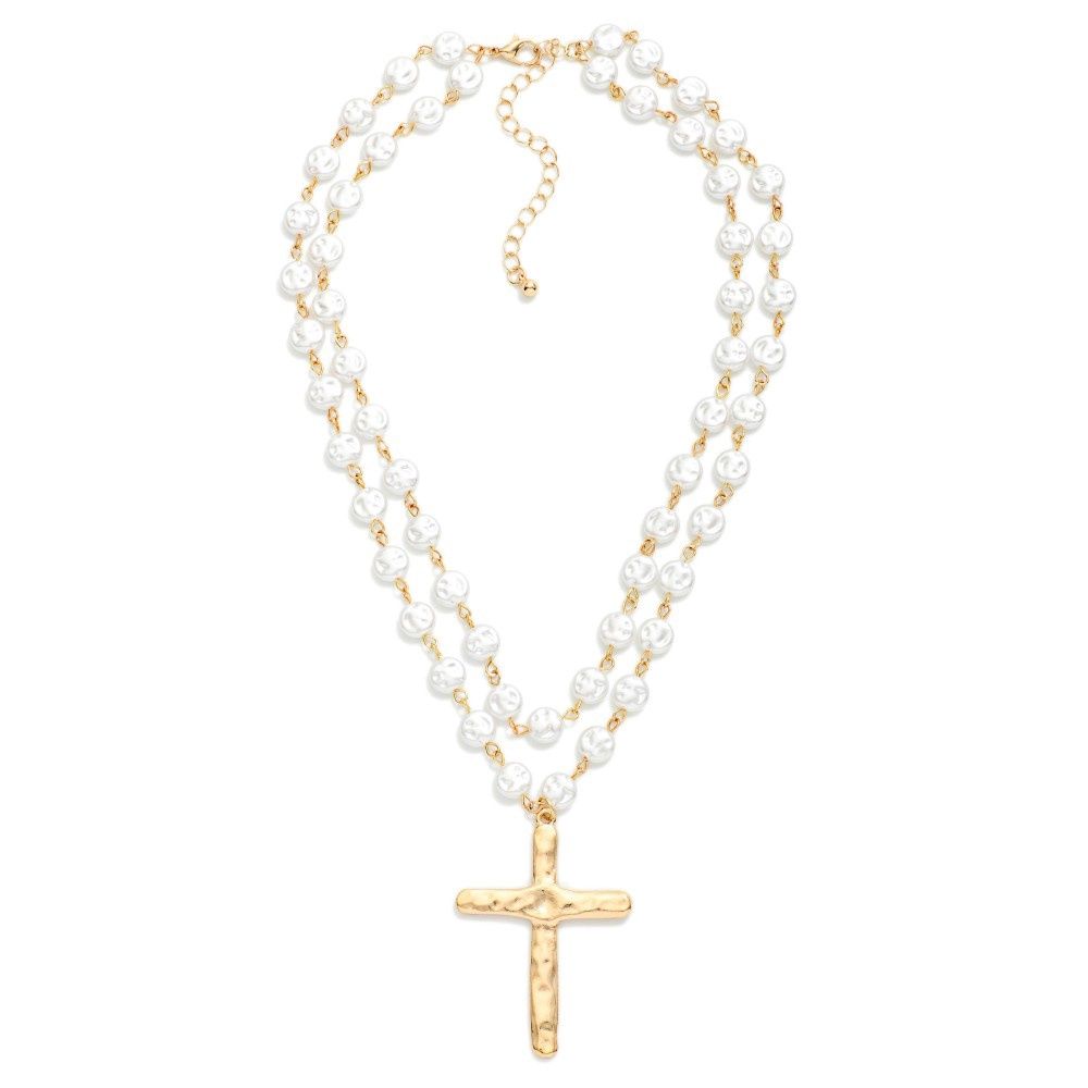 Layered Flat Pearl Cross Necklace