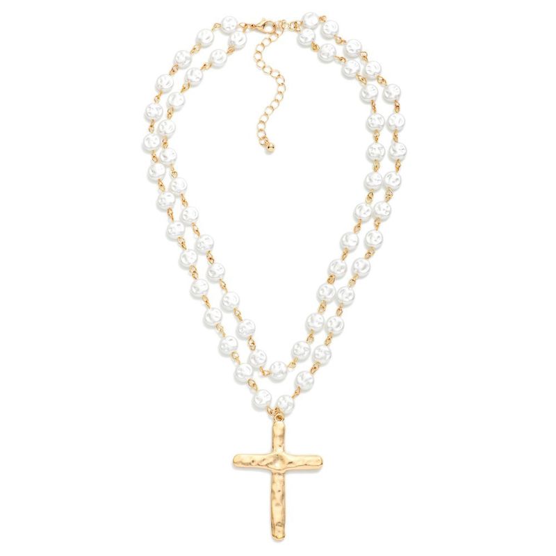 Layered Flat Pearl Cross Necklace