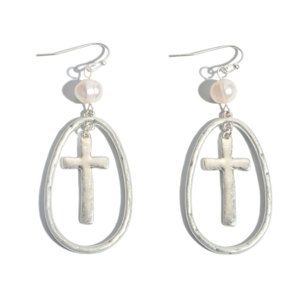 Silver Cross Nested Pearl Drop Earrings