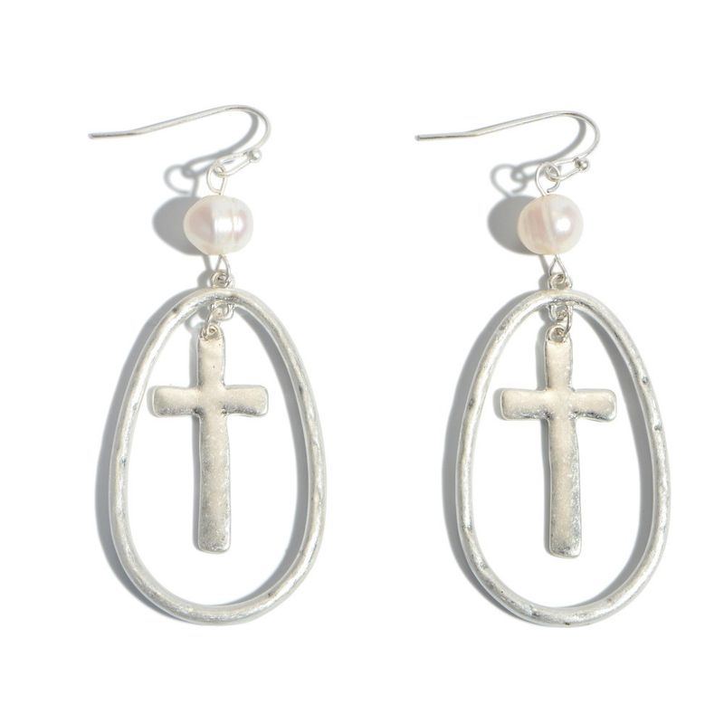 Silver Cross Nested Pearl Drop Earrings