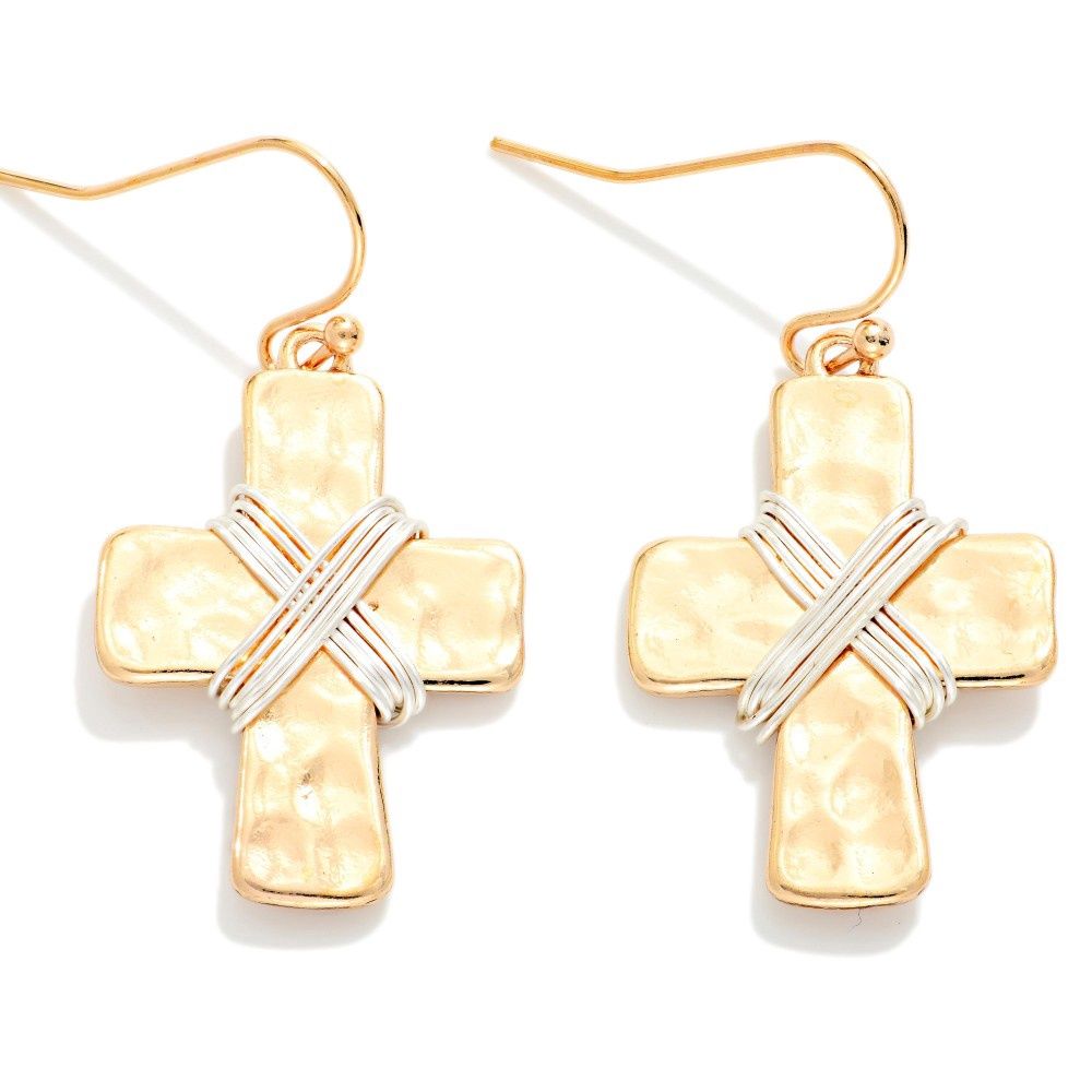 Two-Tone Wire Wrapped Cross Earrings