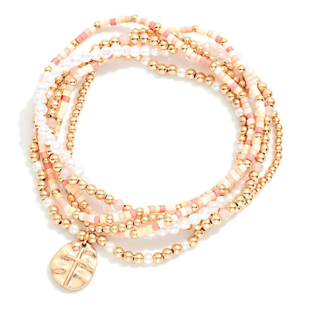 Peach Cross Dangle Bracelet Stack