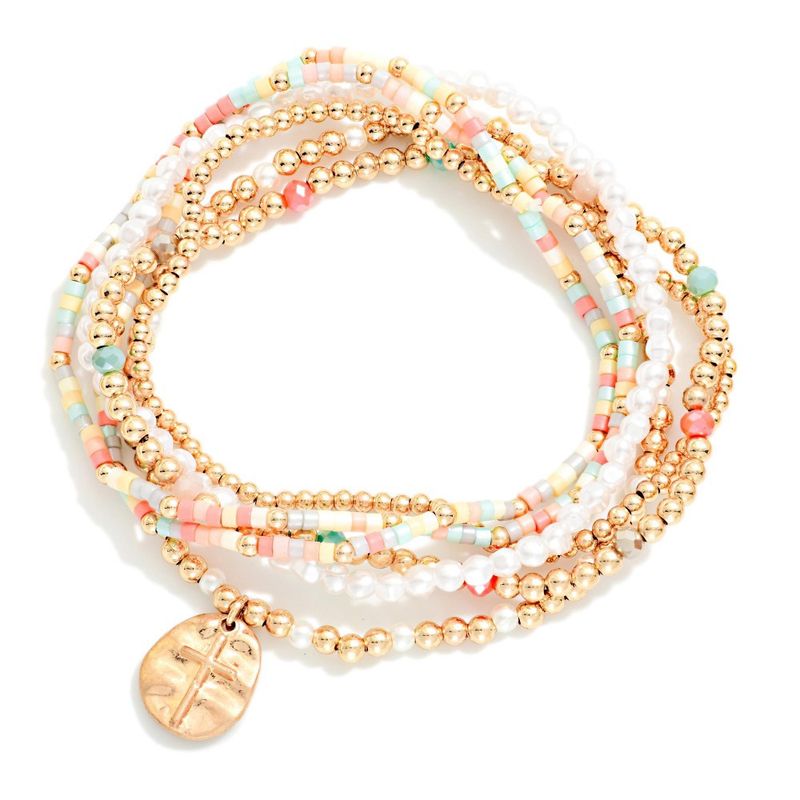 Coral &amp; Aqua Cross Dangle Bracelet Stack