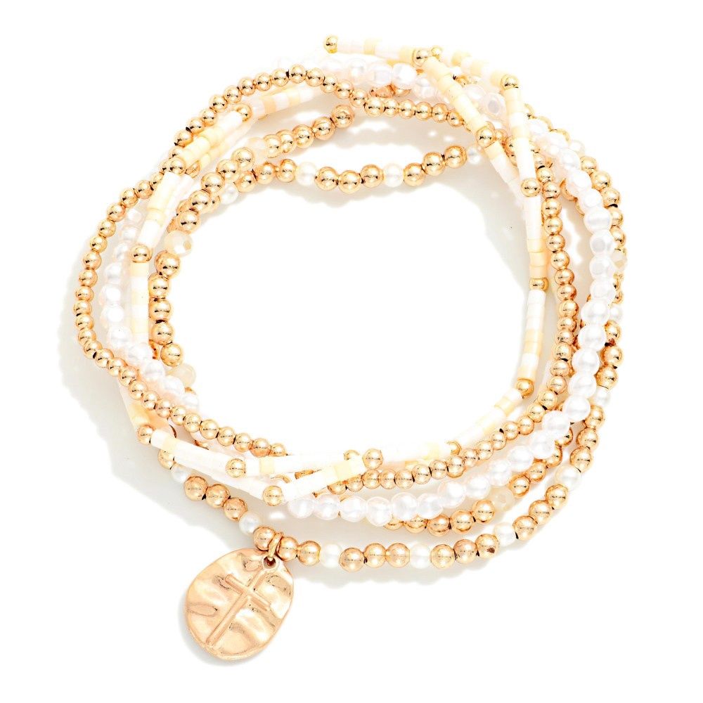White Cross Dangle Bracelet Stack