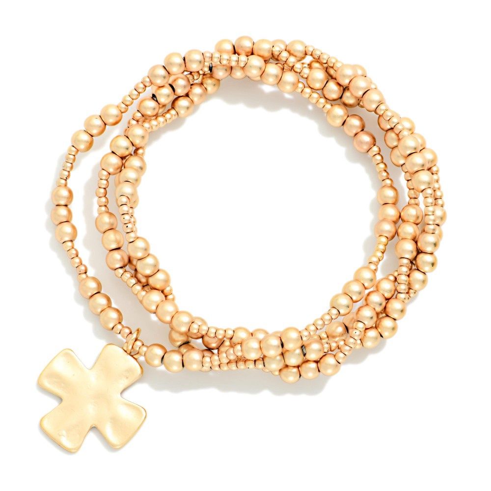 Gold Beaded Cross Bracelet Stack
