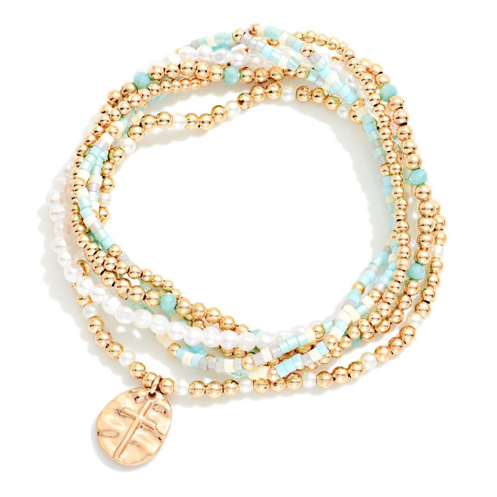 Mint &amp; Gold Cross Dangle Bracelet Stack