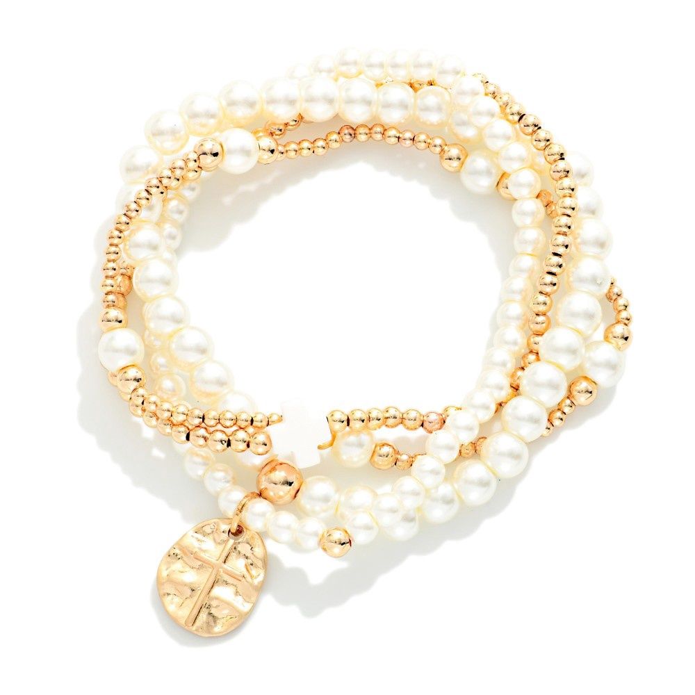Pearl &amp; Gold Cross Dangle Bracelet Stack