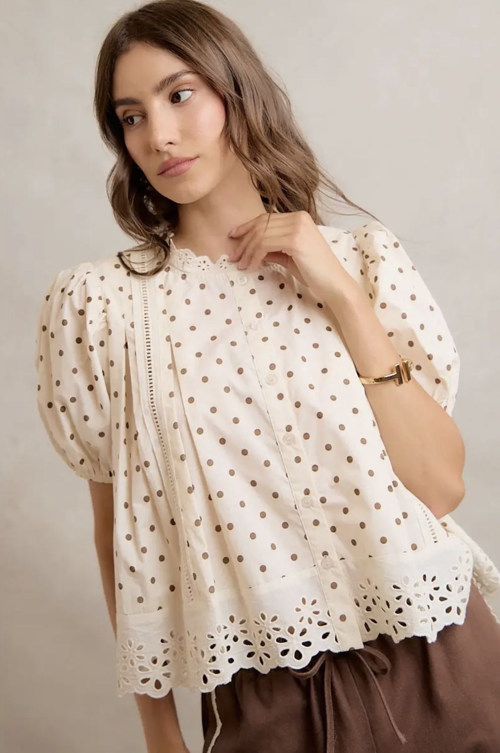 Polka Dot Cotton Lace Trim Top, Size: Small