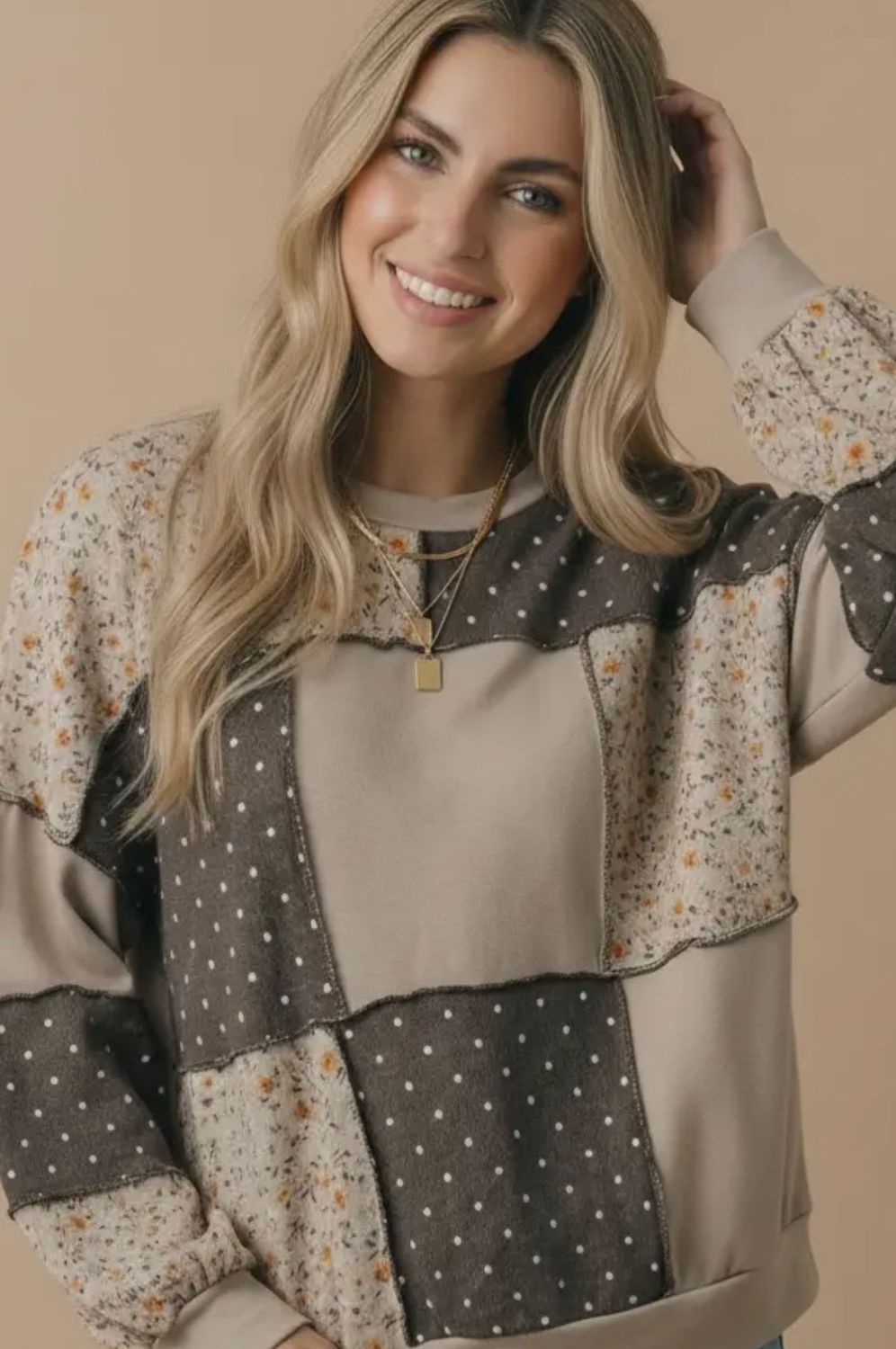 Patchwork Pullover - Taupe/Brown, Size: Small