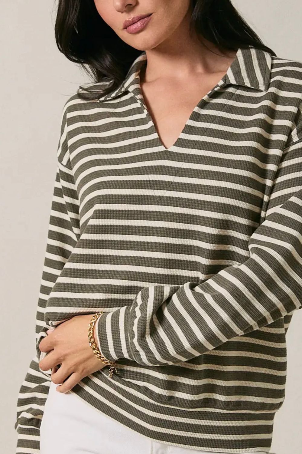 Collared V-Neck Striped Long Sleeve Top, Size: Small