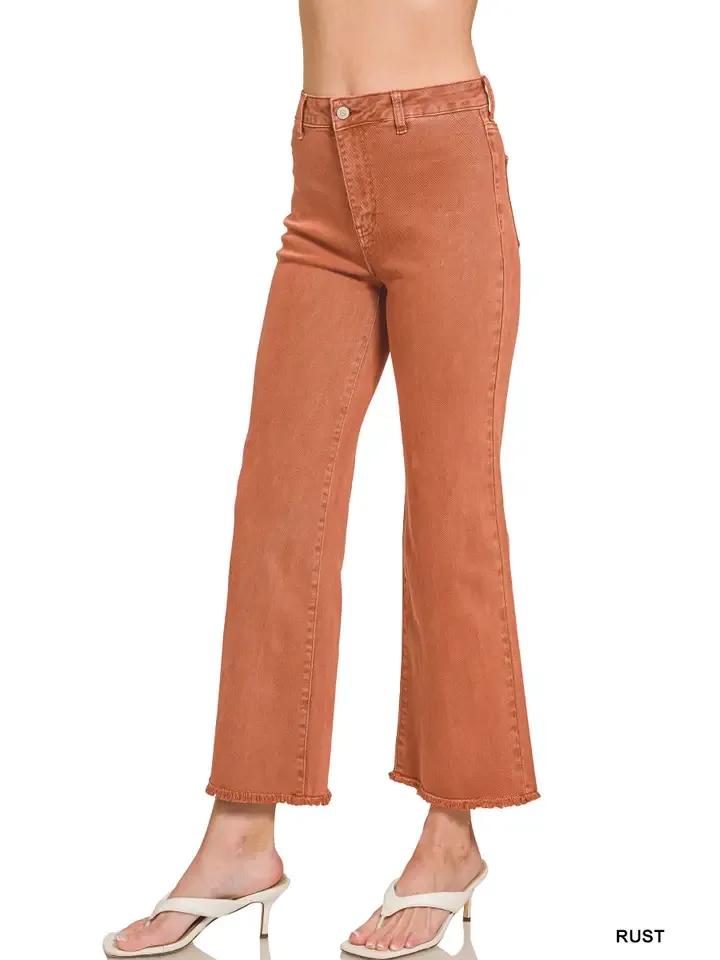 Zenana Acid Wash Frayed Hem Straight Wide Denim Pants- RUST