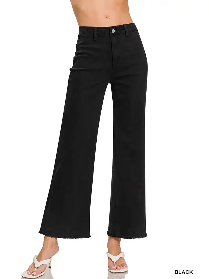 Zenana Acid Wash Frayed Hem Straight Wide Denim Pant-BLACK