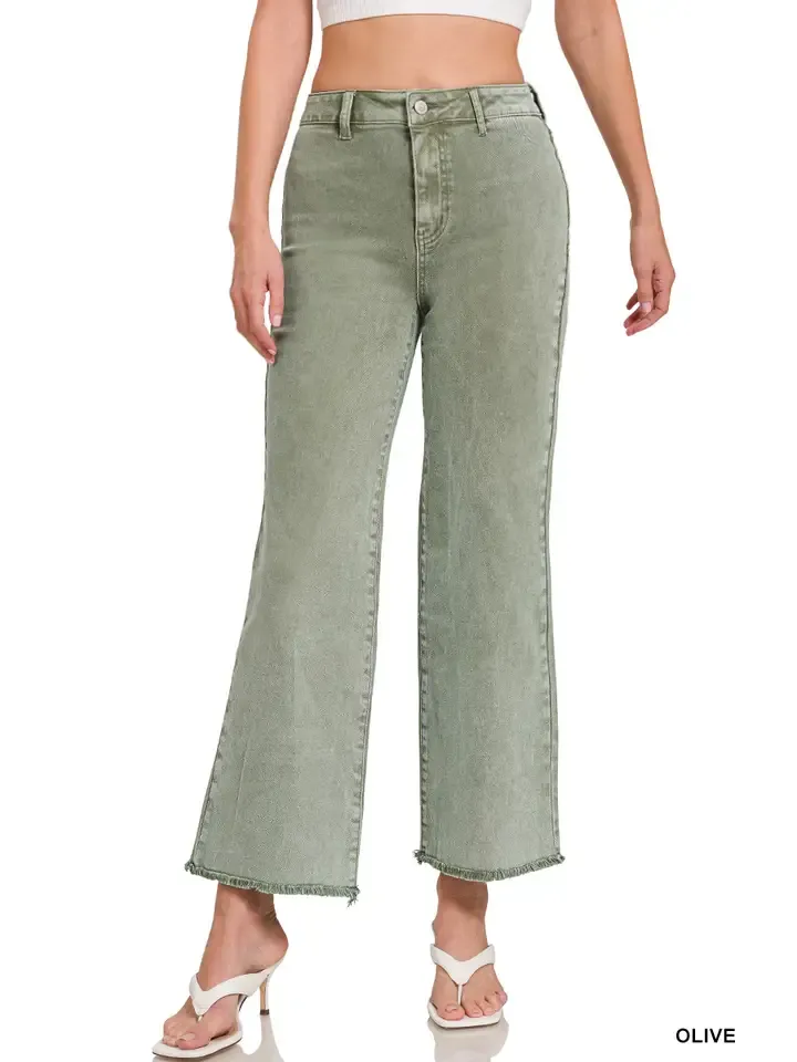 Zenana Acid Wash Frayed Hem Straight Wide Denim Pant-OLIVE